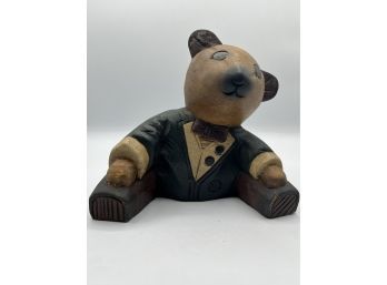 Vintage Hand Carved Tuxedo Sitting Wooden Teddy Bear