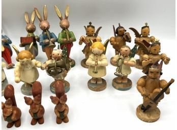 German Hand Carved Bunny Rabbit Street Band &  Ornate German Christmas Angels (lot Of 25)