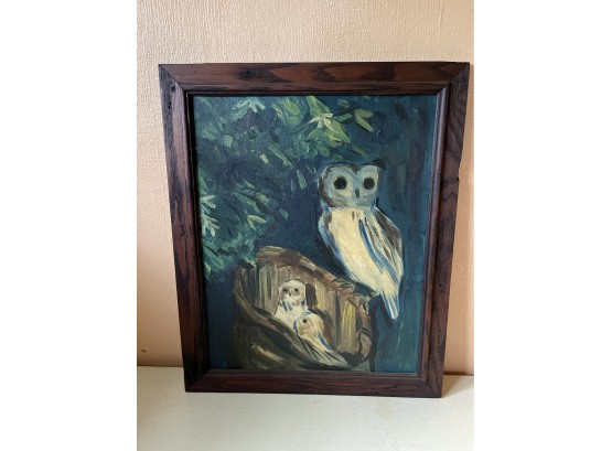 Framed Oil On Board, Signed  - Mother Owl W/ Babies In Nest