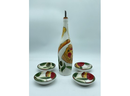 The Pampered Chef Oil And Vinegar Dispensers W/ Matching Bowls, Hand Painted, Made In China