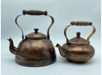 Vintage Copper Tea Pot Kettle W/ Wooden Handles