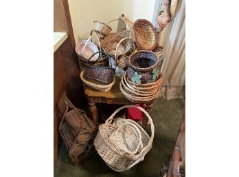 Wicker Baskets & Wine Rack, Large Lot Of Wicker/woven Baskets