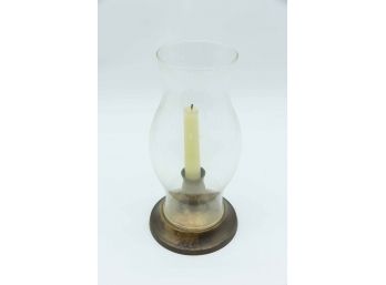 Brass Candle Stick Holder W/ Hurricane Glass Shade, Antique