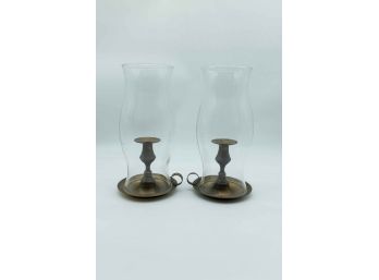 Brass Candle Stick Holder W/ Hurricane Glass Shade, Antique, Lot Of 2