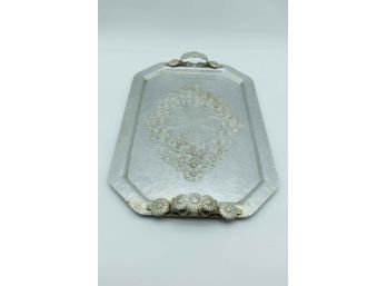 Large Trade Continental Hand Wrought Aluminum Serving Tray W/ Floral Handles