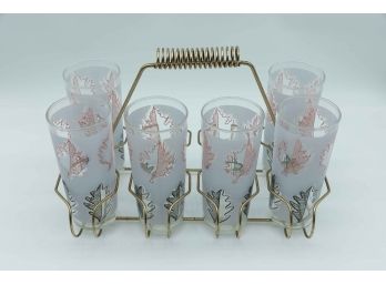Mid Century Retro Tumbler/cup Handled Carrier Holder W/ 6 Vintage Glasses