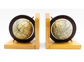 1970s Old World Globe Bookends, Vintage Wood&metal Home Decor
