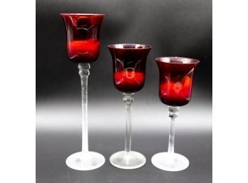 Vintage Ruby Red Glass Candle Stick Holders, Lot Of 3