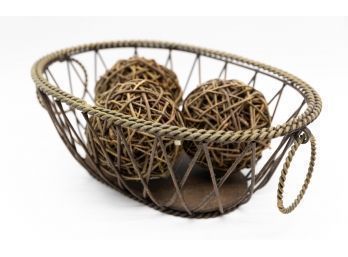 Metal Decorative Basket W/ 3 Wicker Decorative Balls