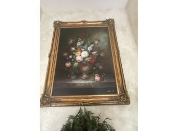 Floral Still Life, Oil On Canvas, Large Ornate Frame Signed Robert Scott, Reproduction