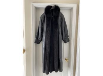 Vintage POLLACK FURS Full Length Black Leather Coat With Fox Fur Tuxedo Collar