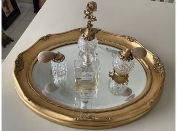Vintage Mirror Vanity W/  Gold Ormolu Rose Perfume Bottle W/ Glass Dauber & 2 Perfume Bottle Atomizers