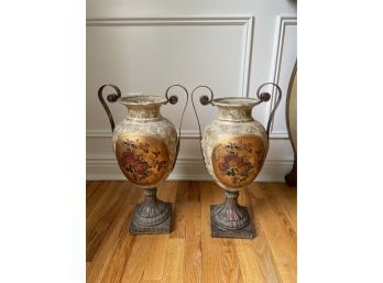 PAIR Of FRENCH URN STYLE VASES W/ Metal Handles And 2 Venetian Fluted Leaf Bracket Decor, LARGE