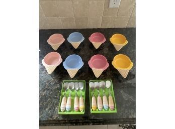 Ice Cream Set, 8 Ice Cream Bowls W/ Matching Spoons