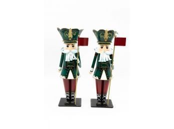 Christmas Decor, 12' Metal Christmas Toy Soldier Holding Flag - Lot Of 2