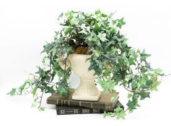 Faux Decorative Plant W/ Planter Sitting On Decorative Books, Home Decor