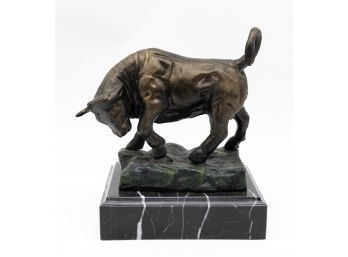 The Bull Of Wall Street Cast Iron Statue W/ Solid Marble Base