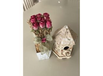Decorative Gazebo Style Bird House & Beautiful Faux Dozen Roses