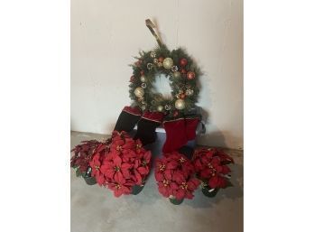 Christmas Decor, Stockings, Wreath, Poinsettia