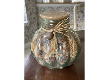 Vintage Large Apothecary Pumpkin Shaped Glass Jar Cork Lid W/ Variety Of Dry Pastas, Home Decor