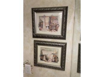 C. Winterle Olson Bathroom Wall Decor Pedestal Sink Chair Pastel Drawing  White Frame Signed, Rare, Lot Of 2