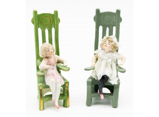 Antique Porcelain Victorian Style Figurines Sitting On Chair, Early 1920s