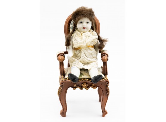 Antique Bisque Doll, Wire Joints, Sitting On A Miniature Doll House Chair, Early 1900s - Rare