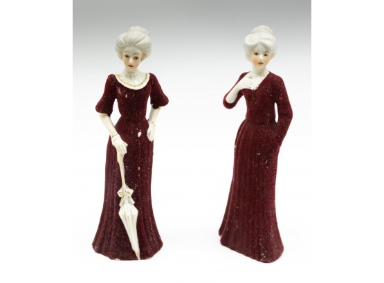 Vintage Elegant Lady Figurine Felt Flocked Burgundy Dress W Umbrella 8' - Lot Of 2