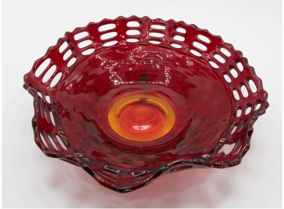 Antique Fenton #1092 Red Amberina Glass Basket Weave Tri Footed Bowl Open Lace