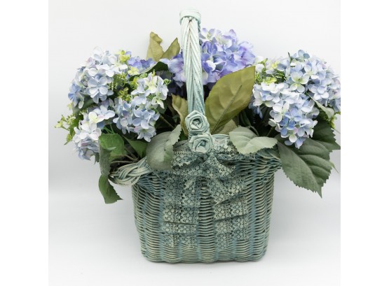 Artificial Hydrangea Arrangement In Wicker Basket, Floral Decor