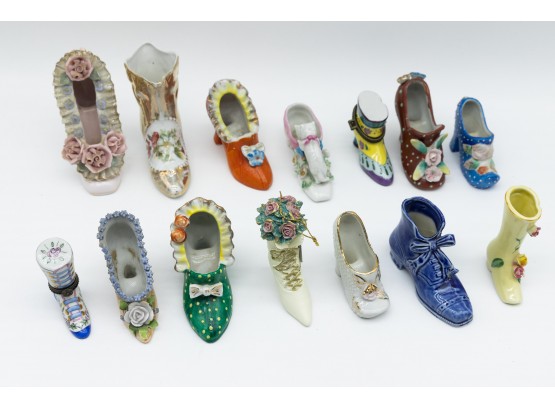Vintage China Shoe Figurines Collection, Miniature Shoes Limoges, Germany, Lefton Japan - 14 In Total