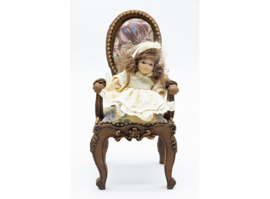 Antique Porcelain Blond Doll W/ Miniature Chair