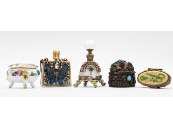 2 Jeweled, Swirled Ormolu Perfume Bottles, 3 Small Vintage Trinket Boxes - 5 In Total - See Description