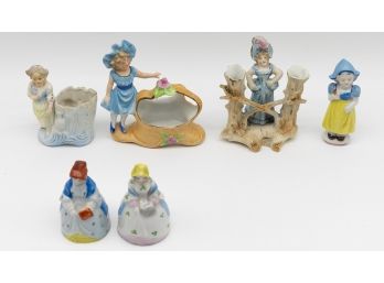 Lot Of 4 Vintage Porcelain & Ceramic Figurines & Pair Of  1950 China Bell Ladies
