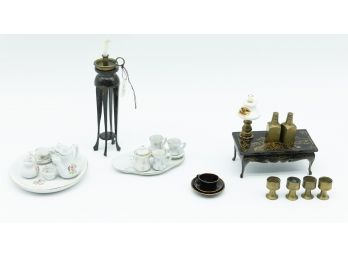 Vintage Doll House Miniatures, Pair Of Dish Sets, Table W/ Candle Stick Holder, Table W/ Cups, Bowl