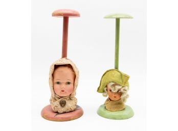 1920s Doll Head Hat Stands, Stand Made In Germany, Doll Head Hat Stand, Art Deco German Doll Head- 2 In Total