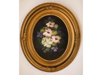 Signed Vintage Oil Painting Retro Flowers Still Life Floral Framed 1950s Mid Century Round Flower Gold Frame