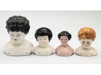 19th Century German China Doll Head, Vintage 1890s China Head Girl Doll Head And Shoulders, Lot Of 4