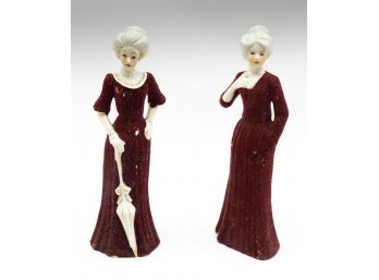 Vintage Elegant Lady Figurine Felt Flocked Burgundy Dress W Umbrella 8' - Lot Of 2