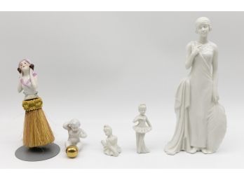 Art Deco Style Statuette, Antique Victorian Half Doll Dresser Clothes Crumb Brush Whisk Porcelain Deco,