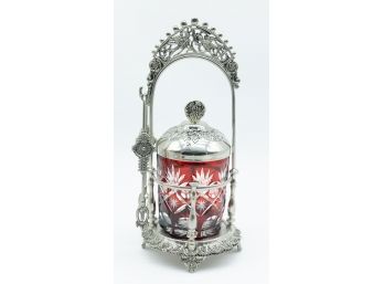 Ruby Red Cut To Clear Etched Bohemian Pickle Castor Caster Caddy Grape Design Ornate Fancy Table Centerpiece