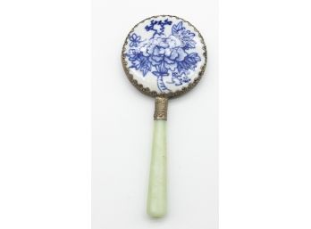 Antique Chinese Hand Mirror Jade Handle Painted Porcelain Back Flowers