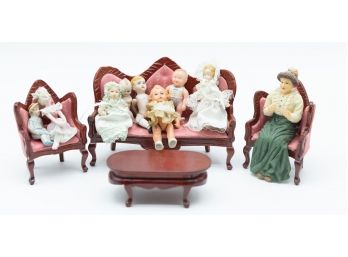 9 Antique Figurines & Dolls W/ Miniature Doll House Furniture Included - See Description For More Info