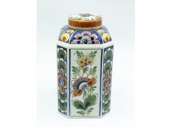 Vintage DP Delft Pottery Polychrome Square Ceramic Jar Lid Floral, Made In Holland