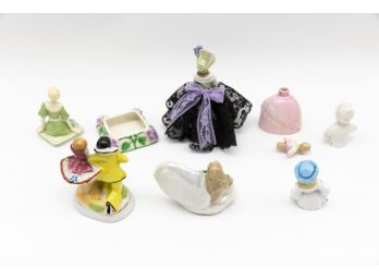 Lot Of 7 Vintage/antique Porcelain & Ceramic Figurines, Trinket Boxes, Perfume Bottle Figurine