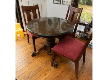 VICTORIAN SOLID WOOD DINING TABLE ON PEDESTAL TALON LEG CARVED BASE W/ Glass Top And 3 Chairs