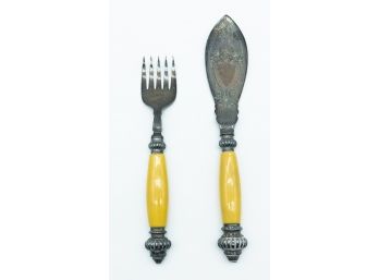 Silver Plate Master Fish Fork And Knife Set Celluloid Handles 1910