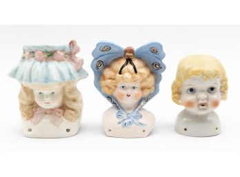 Vintage Porcelain Doll Heads, 1930s From Japan, Vintage Bisque Porcelain Doll Shoulder Head W/ Butterfly Bonn