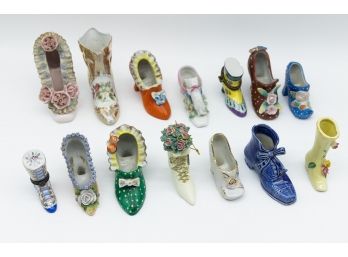 Vintage China Shoe Figurines Collection, Miniature Shoes Limoges, Germany, Lefton Japan - 14 In Total