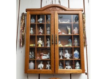 Collectible Wall Curio Solid Wood Display Cabinet Early 1900s Miniatures Included(27 Items) See Description